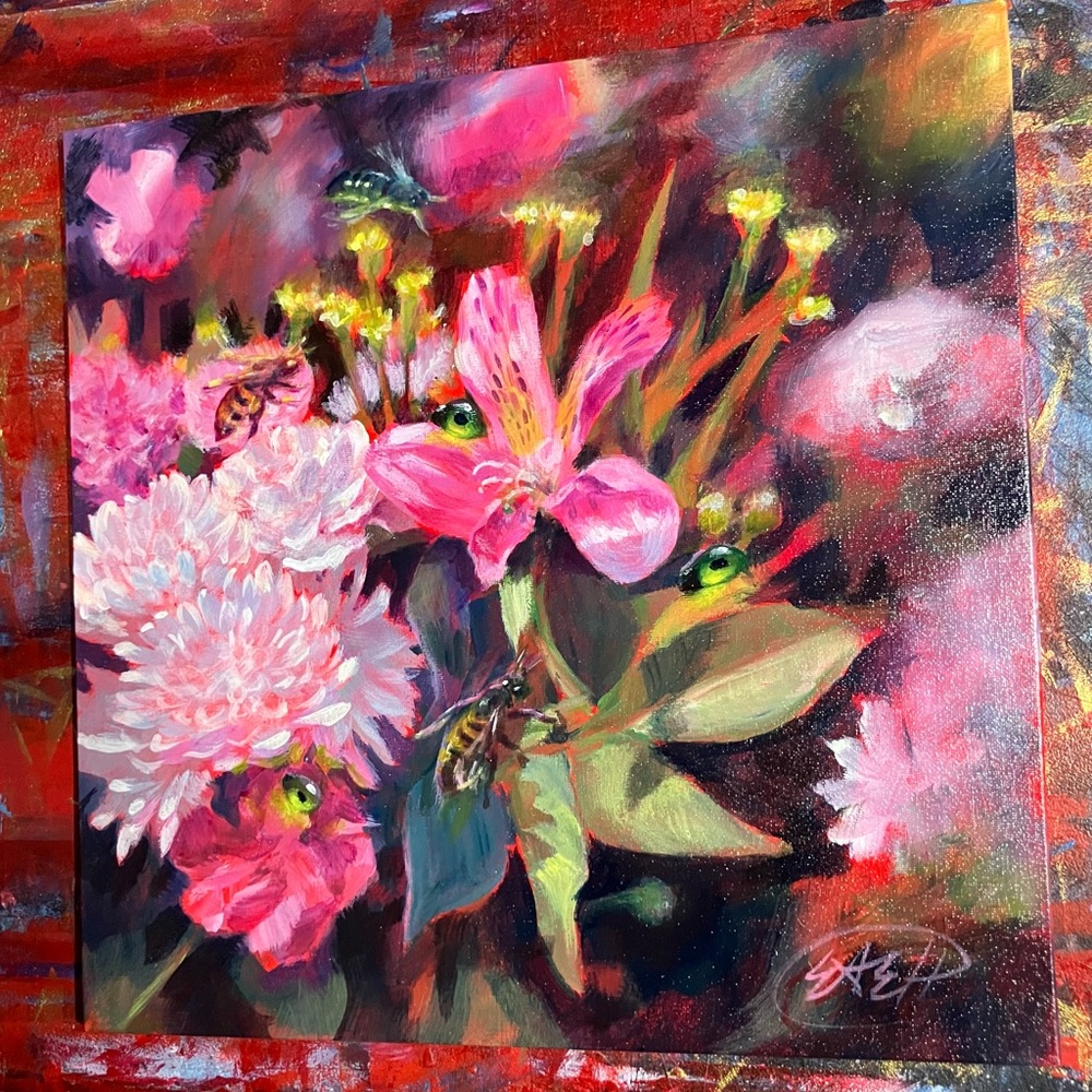 Original floral Painting Bees flower surrealism garden Whimsical Art Nature EAEH